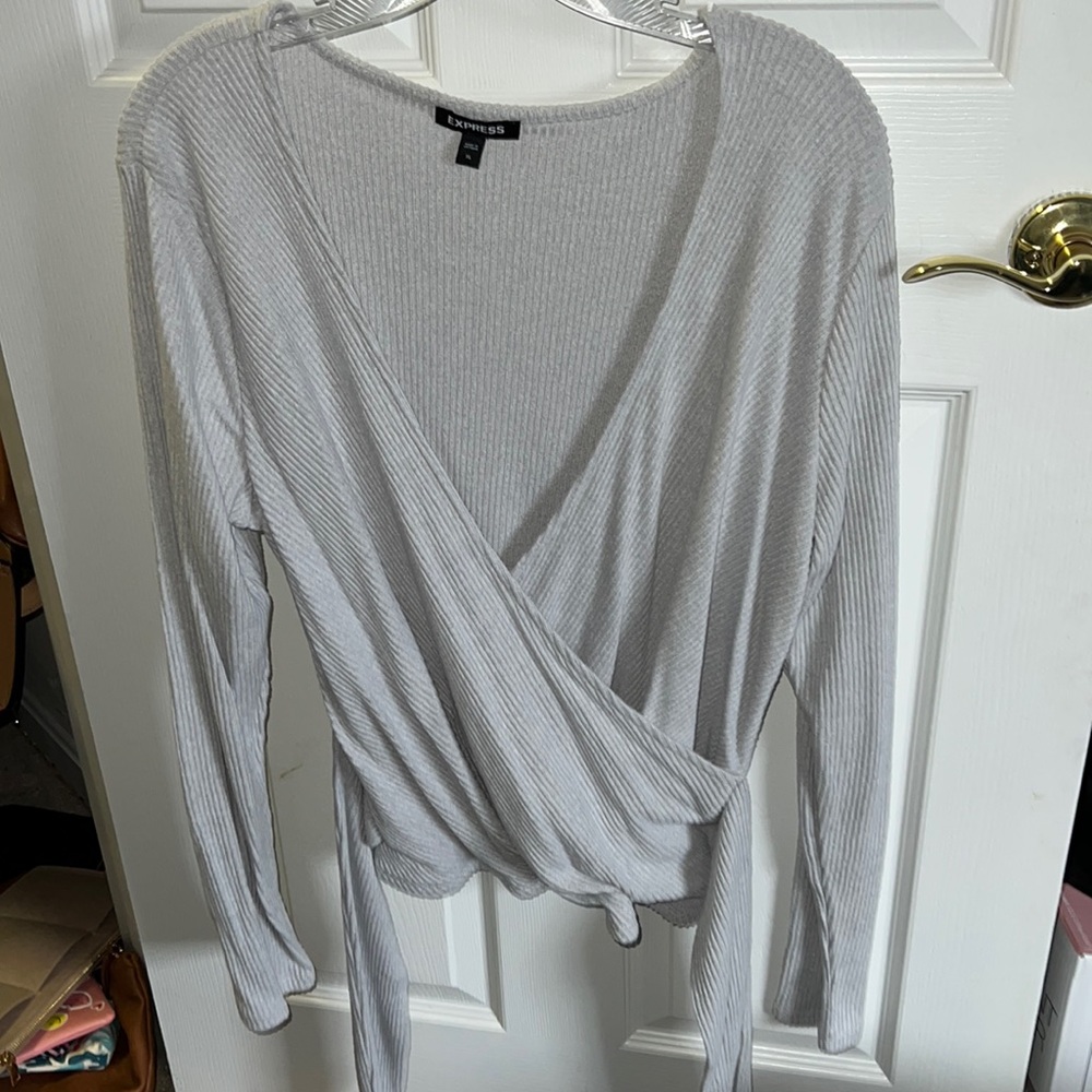 Express Ribbed Faux Wrap Tie Waist long sleeve top